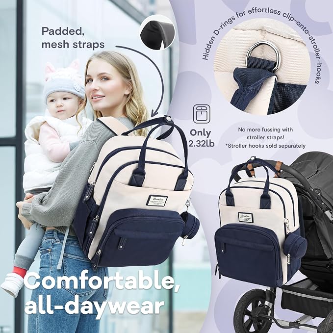RUVALINO Diaper Bag Backpack-Multifunction Baby Travel Bag with Changing pad, Insulated Bottle Holders & Pacifier Case, Large Capacity, Waterproof, Cream & Blue - Image 7