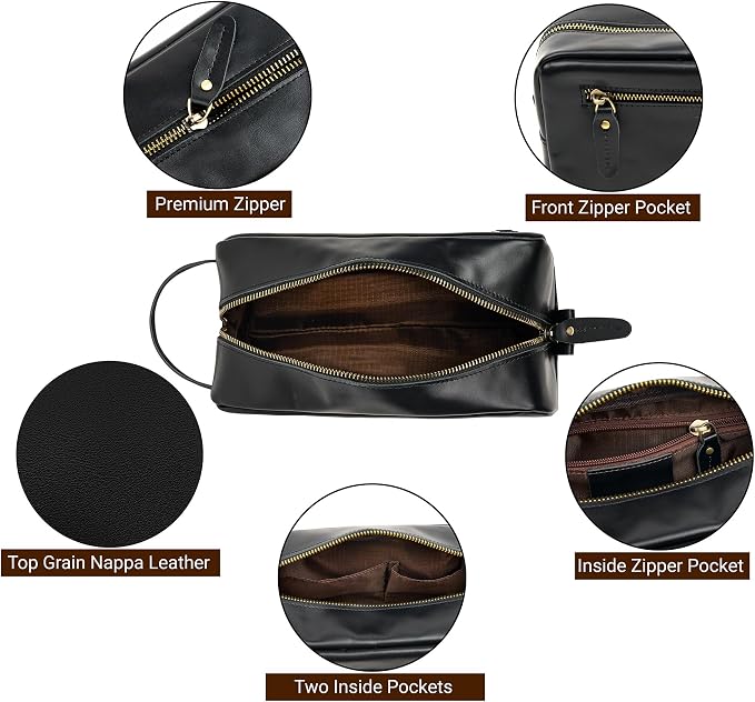 Awesometik Unisex Premium Travel Bag - Toiletries Organizer Case for Grooming, Jewelry - Travel Essentials Shaving Dopp Kit - Geniune Leather Water Resistant Cosmetic Bag For Men, Women (Black) - Image 3