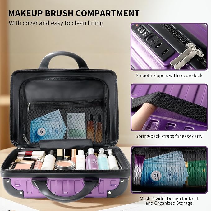 14 Inch Portable Waterproof Hard Shell Travel Makeup Case (Purple) | with Lock, ABS Scratch-Proof, Carrying Cosmetic Organizer Case with Elastic Band, Mini Suitcase Vanity Case for Women Girl - Image 4