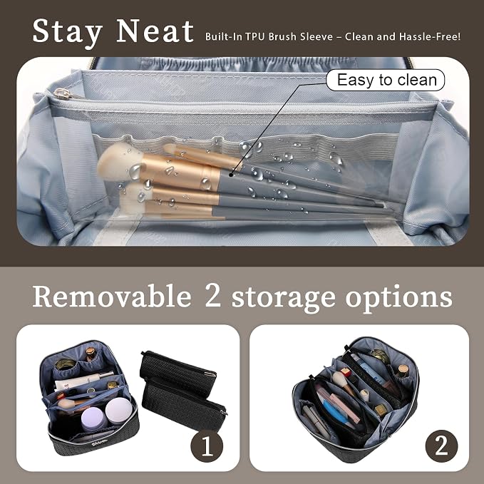 BOYATU Travel Makeup Bag Cosmetic Bags for Women: Large Capacity 3 Pcs Set Make up Bag with Compartments - Waterproof Vegan Leather Toiletry Organizer Bags with Handle (L15 Black) - Image 6
