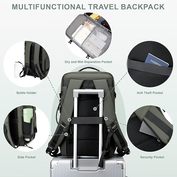 BAGOK Carry On Travel Backpack, 35L-40L Expandable Extra Large Airline Approved,Lightweight Daypack for Men and Women（Green） - Image 5