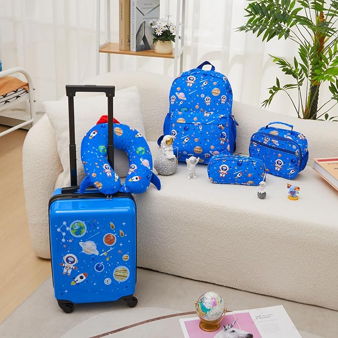 Redbaker 6 Pcs Luggage Set, 17 Inch Rolling Suitcase with Backpack, Lunch Bag and Neck Pillow, Blue Astronaut Travel Set for Summer Vacation, Weekend Trips and Sleepovers - Image 6