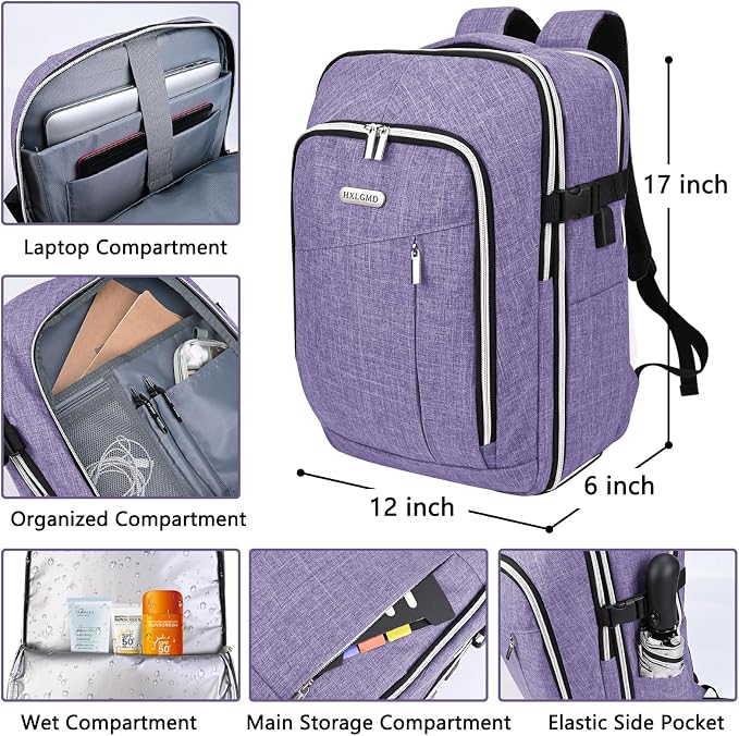 Personal Item Travel Carry On Luggage Backpack for Women Men Flight Approved Casual Weekender Laptop Bag for College Business Outdoors Hiking Water Resistant Lightweight Daypack with USB Charging Port - Image 2