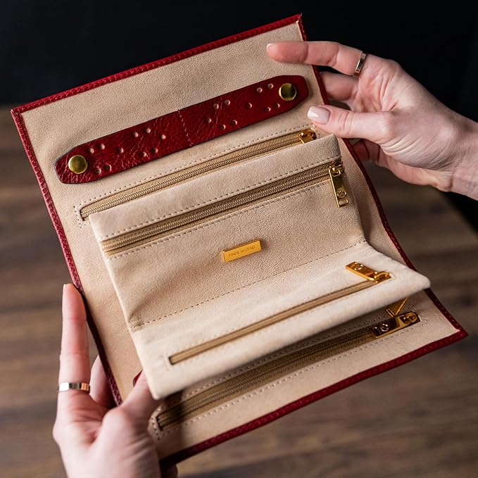 Time Resistance Leather Jewelry Roll - Full Grain Leather Travel Jewelry Case - Jewellery Organizer Made in Italy (Red) - Image 3