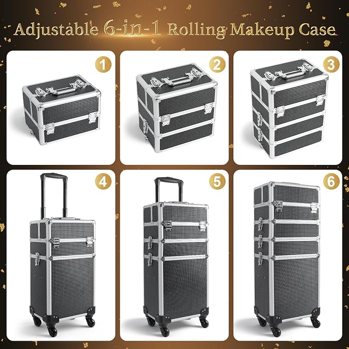 SHOWERSAFE 4 in 1 makeup train case - Professional cosmetology case on wheels, Large Transformable Makeup Train Case & Barber Case, Portable rolling makeup case & Makeup Cart, Black - Image 5