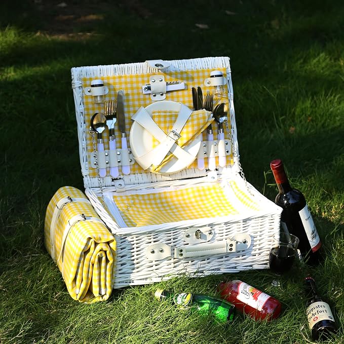 Picnic Basket Set for 4 with Waterproof Blanket Mat Insulation Bag Wicker White Yellow Light Fresh Gifts for Wedding Birthday Summer Camp Outdoor Camping Beach Travel Christmas Thanksgiving - Image 2