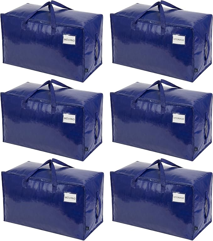 VENO 6 Pack Extra Large Heavy Duty Moving Bags with Wide Opening & Reinforced Handles, Reusable Storage Tote Bags with Strong Zippers for Clothes, College Dorm Essentials & Moving Supplies by Veno