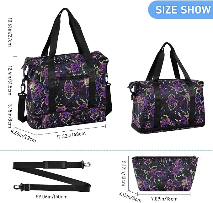 MNSRUU Travel Duffel Tote Bag Multi-colored Spiders Sports Duffel Bag with Wet Pocket Weekender Overnight Bag for Women Men Gym Bag, Carry On Bag Hospital Bag for Labor and Delivery - Image 2