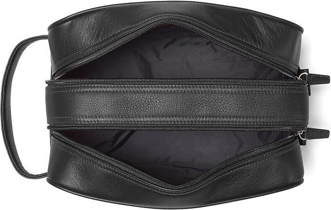 Leatherology Black Onyx Double Zip Toiletry Bag – Full-Grain Leather Men's Dopp Kit with Dual Compartments, Water-Resistant Lining & Top-Stitched Handle - Image 4