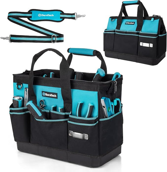 DURATECH 16" Heavy Duty Tool Bag with Hard Bottom and 18 Pockets | Waterproof Tool Bag, Hard Bottom Base, Wide Open Mouth, Multiple Pocket Storage, Professional Tool Organization by DURATECH