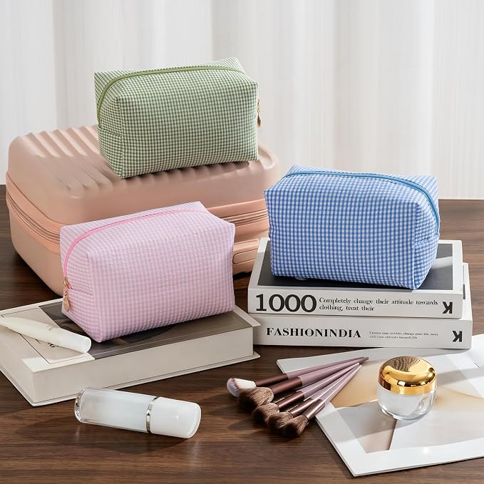 Makeup Bag Set for Women, 6PCS Travel Cosmetic Bags Pencil Case, Checkered Seersucker Toiletry Organizer Pouches, Cute Makeup Pouch for Purse, Accessories and Gifts, Blue Gingham - Image 4