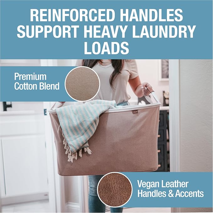 CleverMade Collapsible Laundry Basket LUXE 2 Pack – 60L (16 Gal) Foldable Cotton Blend Clothes Hamper with Vegan Leather Accents, Reinforced Handles, Space Saving Laundry Bin Holds 55 lbs - Mocha - Image 4