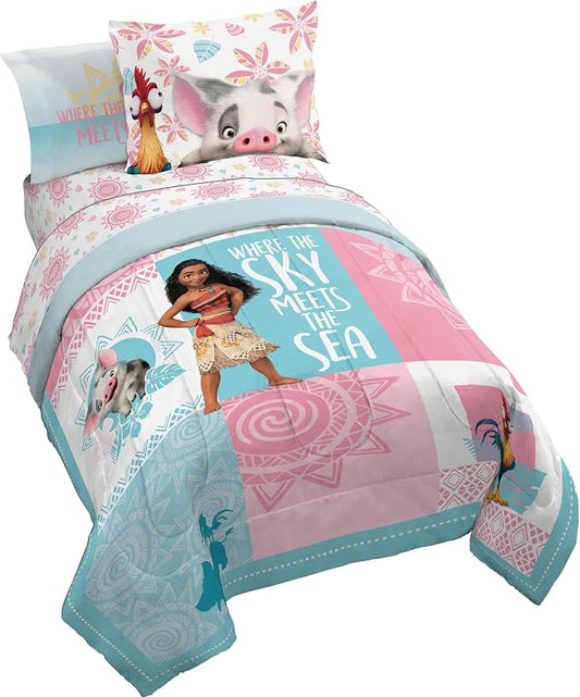 Disney Moana Twin Comforter Set 5 Piece Kids Bedding for Girls, Multi | Bed in a Bag, Comforter Sheets Sham Pillowcase, Official Brand, Soft Microfiber, Machine Washable, Easy Care, Girls Gift by JayFranco