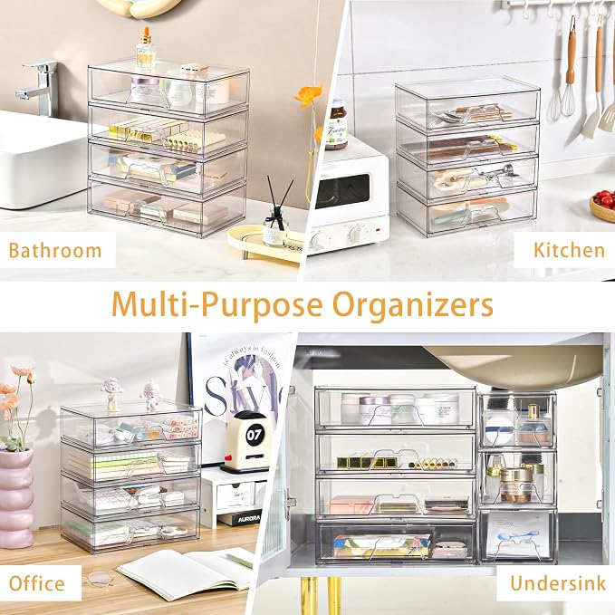 5 Pack Makeup Organizer Stackable, 12.1''L Bathroom Organizer and Storage Acrylic Undersink Drawer Organizer, Cosmetics and Beauty Supplies,Clear Plastic Storage Bins for Vanity,Pantry,Cabinet,Kitchen - Image 8