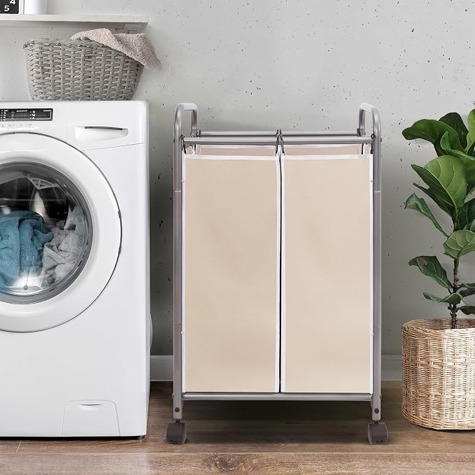 STORAGE MANIAC Laundry Sorter 2 Section, 90 L Gal Laundry Hamper with Wheels, Clothes Basket Separator Sorter, 2 Bag Cart and Removable Bags for Closet, Dorm, Collage, Beige - Image 3