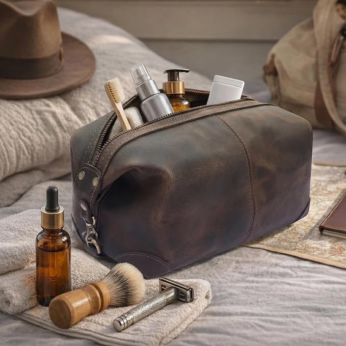 RUSTIC TOWN Full Grain Leather Toiletry Bag for Men & Women – Handcrafted Travel Dopp Kit – Large Water-Resistant Makeup & Shaving Organizer, Hunter Brown - Image 5