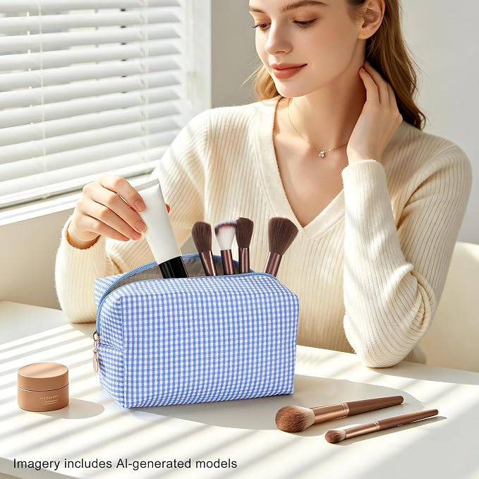 Makeup Bag Set for Women, 3PCS Travel Cosmetic Bags Pencil Case, Checkered Seersucker Toiletry Organizer Pouches, Cute Makeup Pouch for Purse, Accessories and Gifts, Colorful Gingham - Image 5