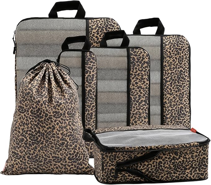 U+U 6 Set Compression Packing Cubes - Ultralight Travel Organizers with Laundry Bag, Space-Saving Suitcase Organizer, Expandable Packing Cubes for Travel, Business Trip and Family Vacation (Leopard) by UU
