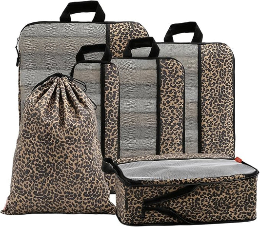 U+U 6 Set Compression Packing Cubes - Ultralight Travel Organizers with Laundry Bag, Space-Saving Suitcase Organizer, Expandable Packing Cubes for Travel, Business Trip and Family Vacation (Leopard) by UU