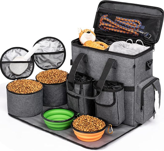 Modoker Dog Travel Bag Backpack, Airline Approved Pet Accessories Organizer for Dog and Cat with Shoulder Strap, 2 Dog Food Storage Containers, 2 Collapsible Dog Bowls,1 Pet Mat, Rose Red | Dog travel accessories set with feeding supplies, bowls, mat, ... by Modoker