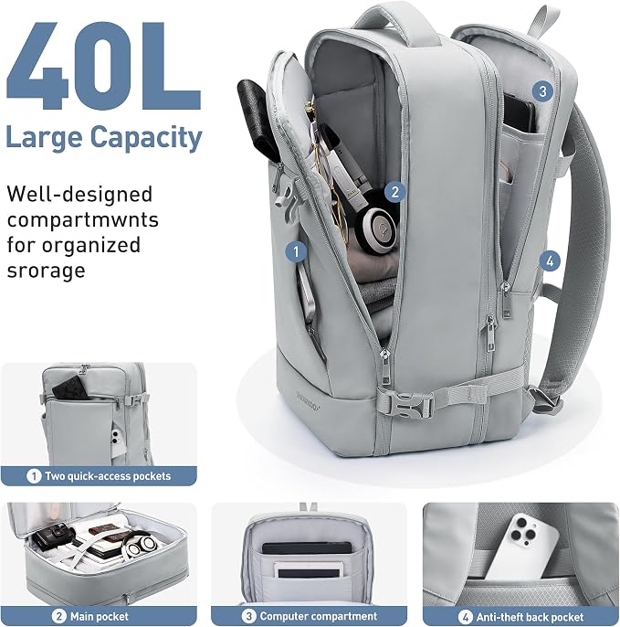 SHOWKOO Laptop Backpack for 17 Inch Laptop, 40L Expandable Large Capacity Backpack, TSA Carry On Travel Backpack with Padded Laptop Compartment, Water-Resistant College & Commuter Bag,Gray - Image 3