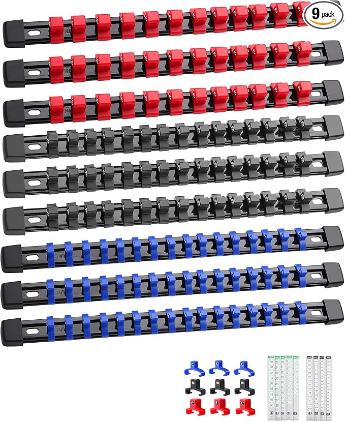 ALOANES 9PC Socket Organizer, Socket Rails Fit 1/2", 1/4" and 3/8" Drive | Heavy Duty ABS Socket Holders Hold 129 Sockets for Toolbox Drawer Bags(3Color) by Aloanes
