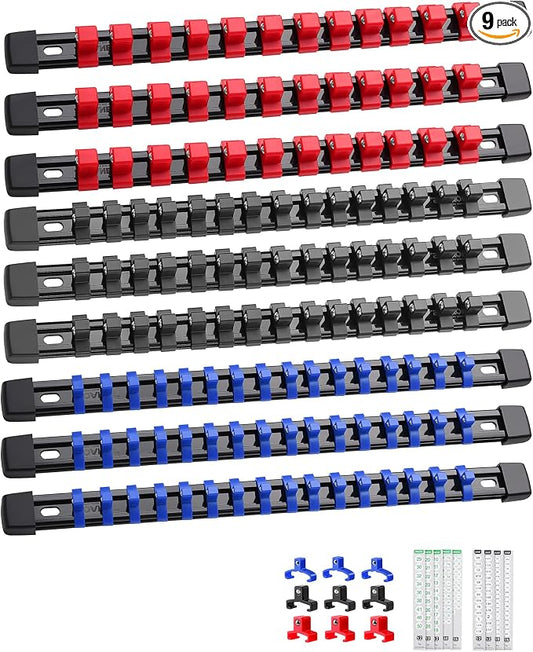 ALOANES 9PC Socket Organizer, Socket Rails Fit 1/2", 1/4" and 3/8" Drive | Heavy Duty ABS Socket Holders Hold 129 Sockets for Toolbox Drawer Bags(3Color) by Aloanes