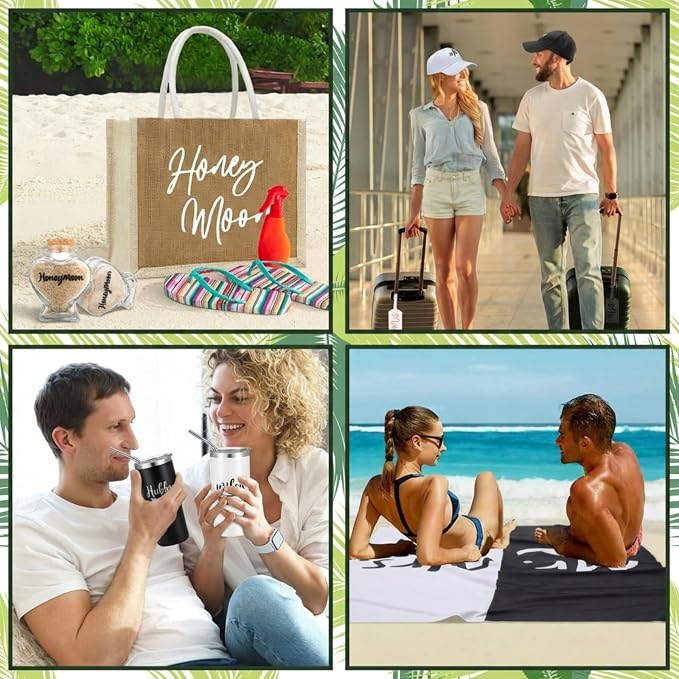 Rtteri 14 Pieces Wedding Gift Set for Couple - Mr & Mrs Honeymoon Gifts Include Wedding Towels, 20 oz Wine Tumbler, Hat, Passport Holder, Baggage Tag, Glass Bottle, Honeymoon Tote Bag - Image 7