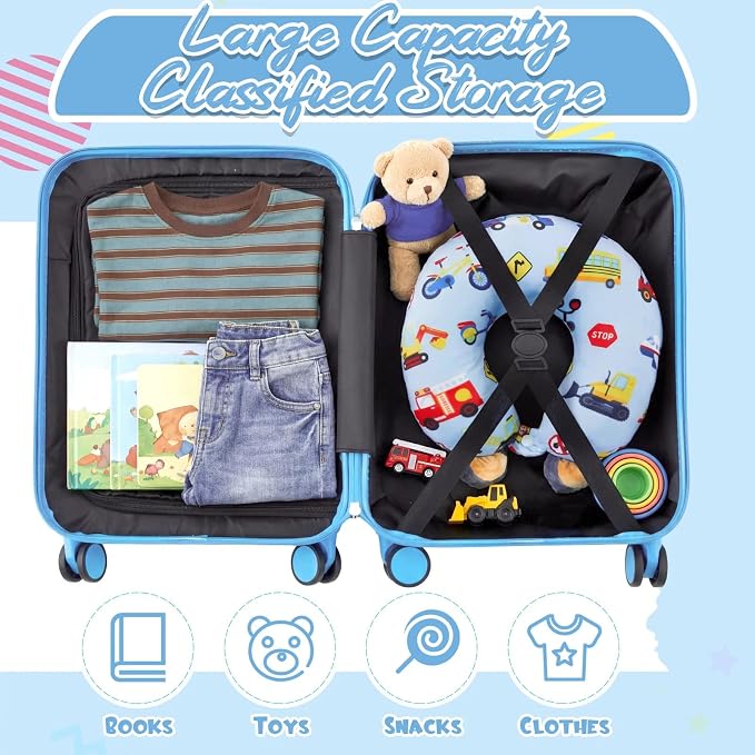 Sanwuta 4 Pcs Kids Luggage Set Back to School Gifts for Girls Boys Carry On Rolling Suitcase Backpack Neck Pillow Travel Set(18 Inch,Car Style,Blue) - Image 7