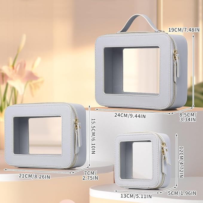 Clear Makeup Bag Set 3 Piece Travel Case for Cosmetics and Toiletries Women's Makeup Organizer and Car Essential with Zipper (Gray, L+M+MINI) - Image 5