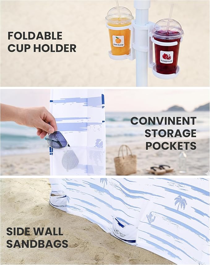 Qipi Beach Cabanas for Sand, Beach Canopy with Sandbags & Side Wall for Family, Easy Set Up Sun Shelter, UPF 50+ UV Protection with Roof Vent - Image 9