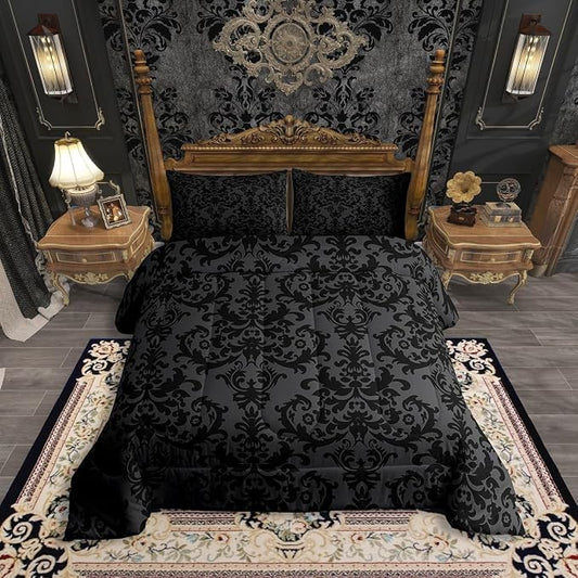 Erosebridal Adults Black Damask Bedding Set Antique Victorian Baroque Down Comforter Full Gothic Vintage Floral Comforter Set Bohemian Exotic Bedding Quilted Grey Bedroom Decor 2 Pillow Cases by Erosebridal