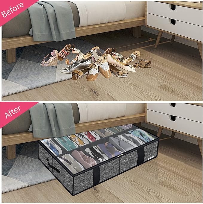 Onlyeasy 2 Pack Under Bed Shoes Storage Bag Organizer (14+4 Pairs), Collapsible Shoe Boot Container with Handles, Underbed Storage Solution for Kids & Adults, 86x60x15cm, Linen-like Black, MXAUBS14S4 - Image 3