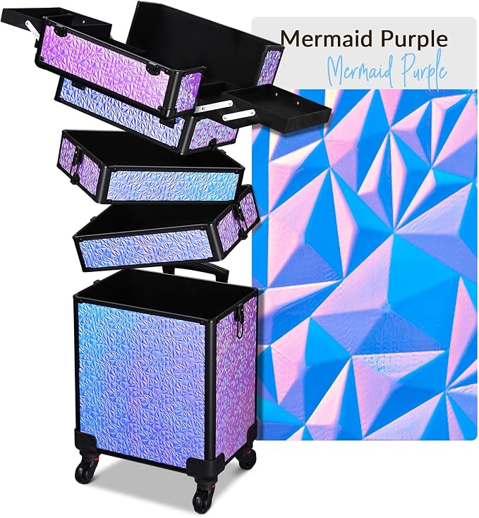 BYOOTIQUE Rolling Makeup Case 4in1 Cosmetology case on wheels Makeup Artist | Aluminum Rolling Makeup Suitcase 360° Detachable Wheel Lockable 54Lb Large Capacity Organizer Nail Tech Mermaid Purple by BYOOTIQUE