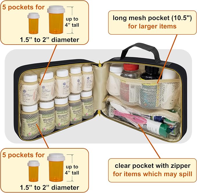 Large Quilted Pill Bottle Organizer & Travel Medicine Bag, Black | Prescription bottle organizer with 10 individual bottle pockets and padded storage for medications, supplements, vitamins - Image 2