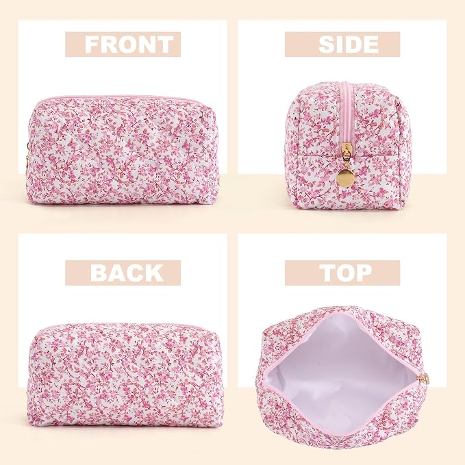 Makeup Bag Travel Toiletry Bag for Women, Small Cosmetic Bags Cute Quilted Cotton Makeup Pouch for Purse Emergency Bag Pencil Case Accessory Bag, Baby Pink - Image 3