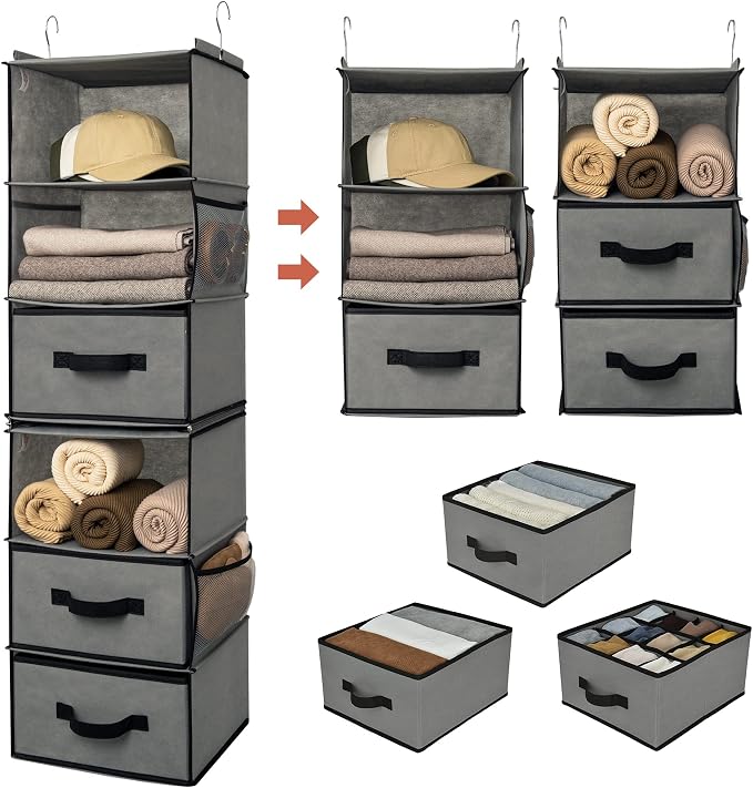 GRANNY SAYS 6-Shelf Hanging Closet Organizer, Separable to 2 Pack 3-Shelf, Closet Organization and Storage with 3 Different Drawers, 4 Side Pockets Wardrobe Clothes Organizer, Gray, 1-Pack by GRANNYSAYS