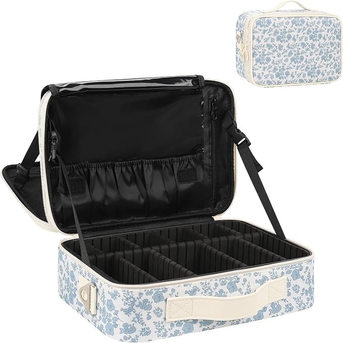 Relavel Large Makeup Bag, Cute Cosmetic Bags for Women and Girls Travel Makeup Organizer Bag Train Case 13.8 inches Makeup Brush Holder and Storage with Adjustable Dividers, Floral Print by Relavel