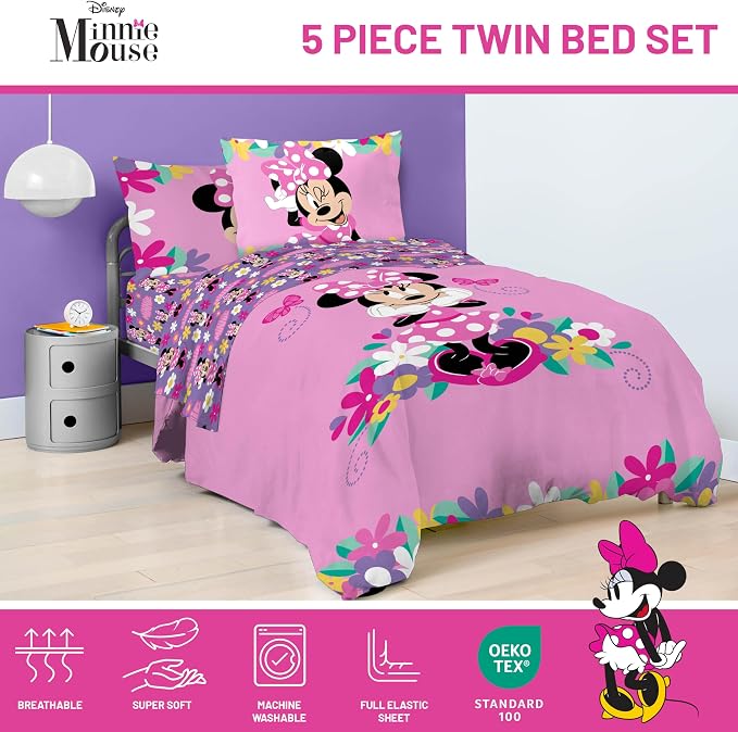 Disney Minnie Mouse Twin Comforter Set 5 Piece Kids Cartoon Bedding, Pink | Bed in a Bag, Comforter Sheets Sham Pillowcase, Official Brand, Soft Microfiber, Machine Washable, Easy Care, Girls Gift - Image 4