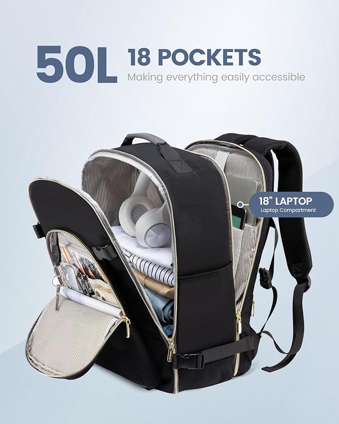 LOVEVOOK 50L Travel Backpack Flight Approved Carry on Backpack,3 Packing Cubes,Waterproof Personal Item Travel Bag,TSA Carry on Luggage Suitcase Travel Essentials,Gifts for Women & Men,fits 18" Laptop - Image 3