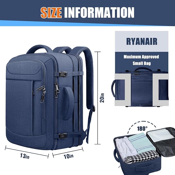 Expandable Carry On Backpack 45L, Large Travel Weekender Bag with Waterproof Wet Pocket, Anti-Theft TSA 17.3 Inch Laptop Rucksack for Men Women Flight Approved Business, Blue - Image 2