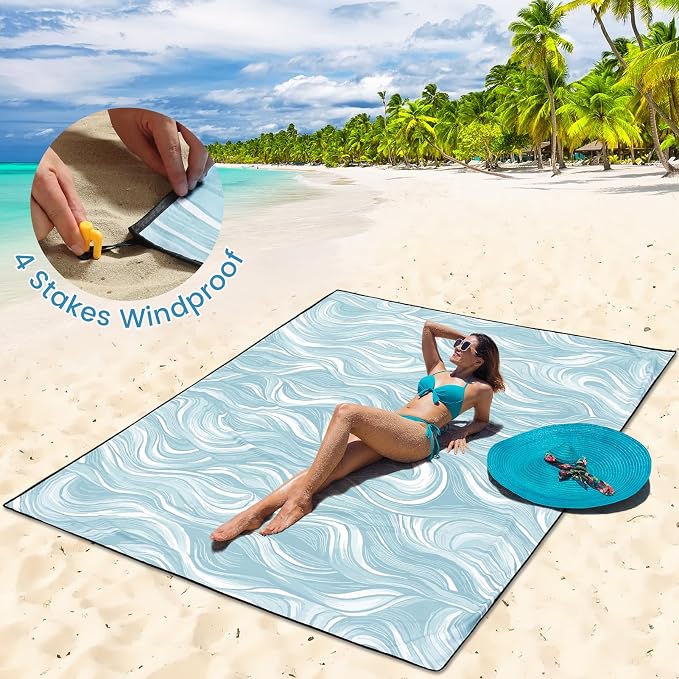 HIHOHO Beach Blanket Waterproof Sandproof Beach Mat for 1-8 Adults Quick Drying Durable Outdoor Picnic Mat for Beach Festival Travel Camping Hiking (Ocean Wave-Dark BL, 79"×83"(4 Person)) - Image 3