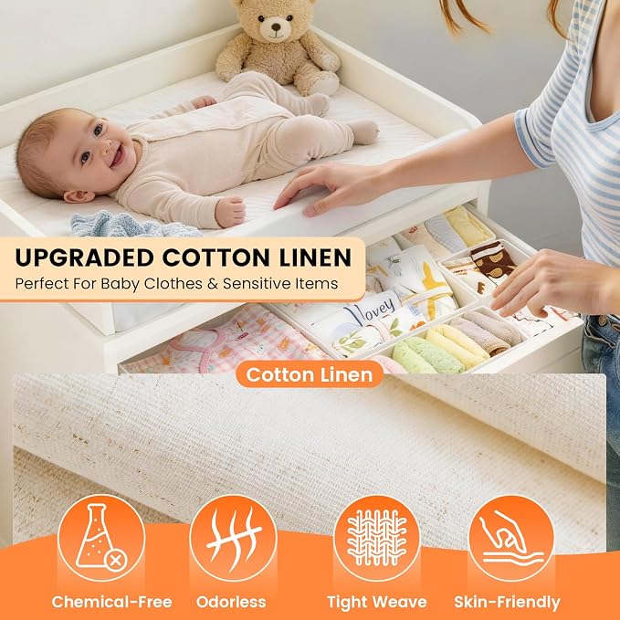 FANS-ONE Natural Linen Drawer Organizer Clothes - 21 Pack 3 Size, Beige | Foldable, Dresser Organizer for Baby Clothes, Underwear, Socks, Storage Bins for Nursery, Bedroom - Image 2