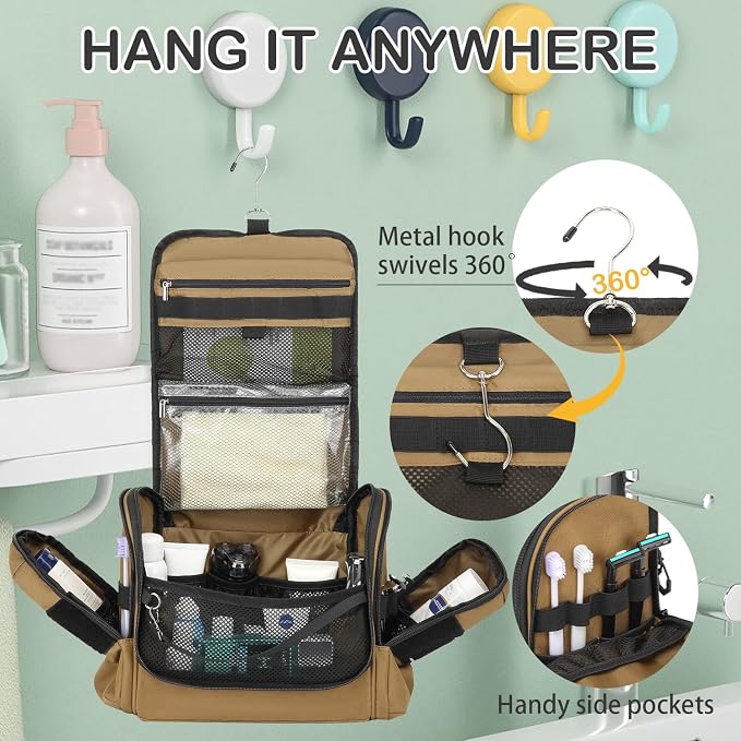 Tactical Toiletry Bag for Men - Hanging Dropp Kit Mens Toiletry Travel Bag for Toiletries, Traveling & Shaving Kit, Portable Hygiene Bag Shower Bathroom Organizer with Handle & Hook, Brown - Image 2