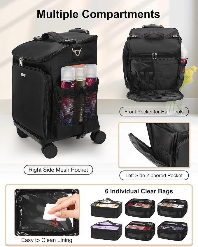 Relavel Rolling Makeup Case, Hair Tools Travel Bag Cosmetology Case on Wheels with 6 Clear Bags, Professional Hairstylist Bag Makeup Artist Storage Train Case Barber Organizer with 360° Spinner Wheels - Image 6
