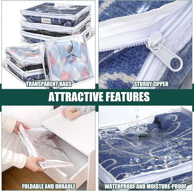 Hoolerry 6pcs Clear Zippered Storage Bag Plastic Individual Sweater Storage Bag with Zipper Label Closet Clothing Organizer for Blanket Clothes Bed Sheet Comforter Quilt Pillow(15.7 x 13.7 x 3.9 Inch) - Image 3