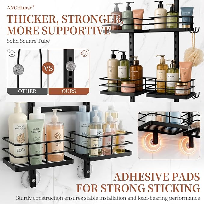 4-Tier Adjustable Hanging Shower Caddy for Handheld Showerhead, Black | Rustproof Shower Rack Baskets, Anti-Swing Hanging Shower Organizer for Bathroom Storage with 2 S-Hooks, Large Capacity - Image 5