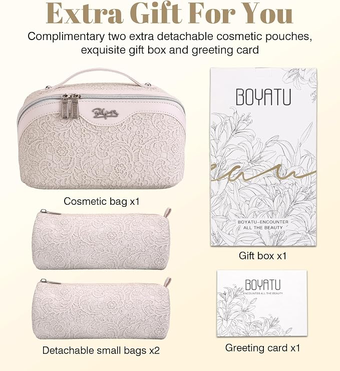 BOYATU Travel Makeup Bags Cosmetic Organizer Bag: 3 Pcs Set Large Capacity Make up Bag with Compartments - Waterproof Leather Toiletry Bags with Handle for Women (A-White) - Image 6