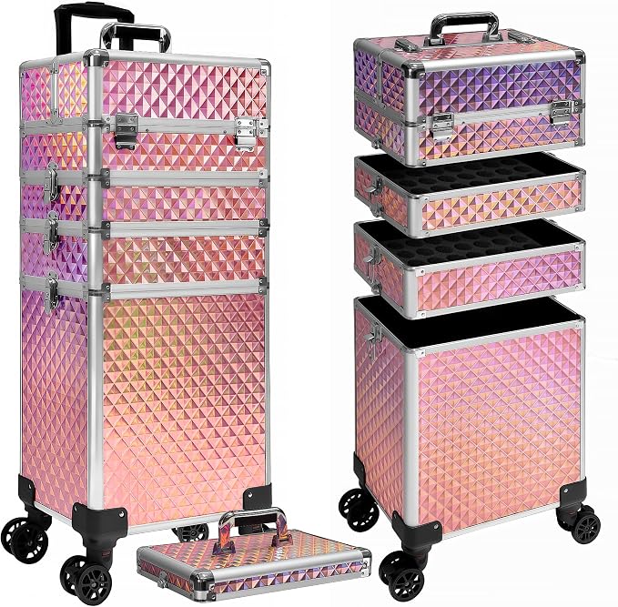 5 in 1 Rolling Makeup Train Case on Wheels Large Cosmetic Organizer Travel Cart for Women Beauty Salon Barber Hairstylist Pink by Unknown