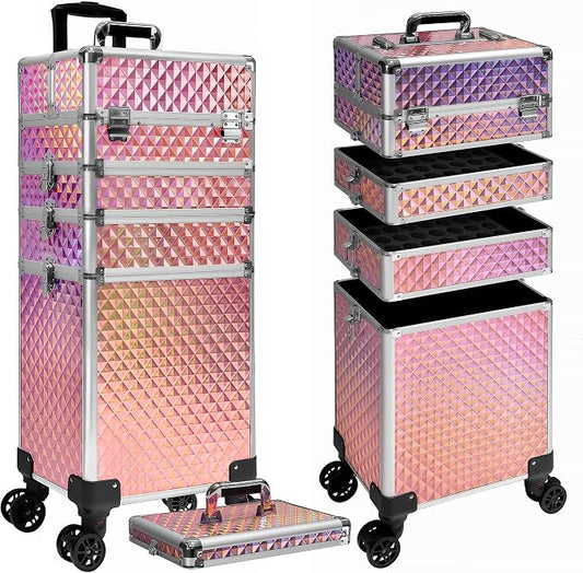 5 in 1 Rolling Makeup Train Case on Wheels Large Cosmetic Organizer Travel Cart for Women Beauty Salon Barber Hairstylist Pink by Unknown